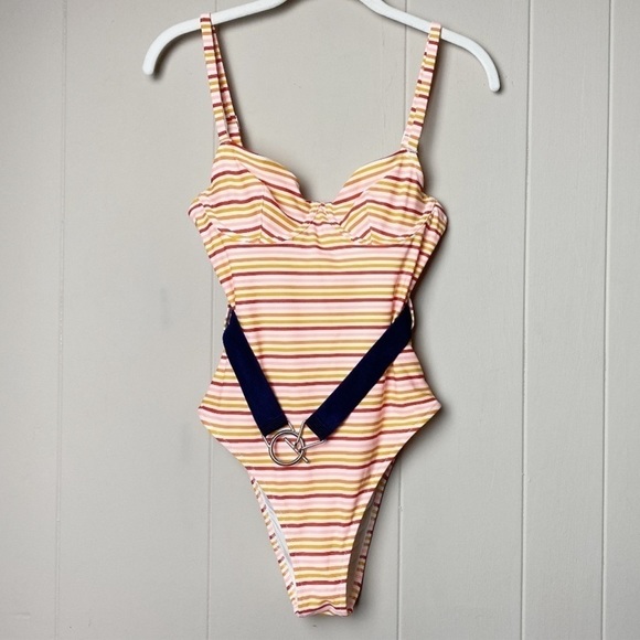 Aerie belted one-piece swimsuit orange pink stripe retro swim mod colorful - Picture 2 of 8